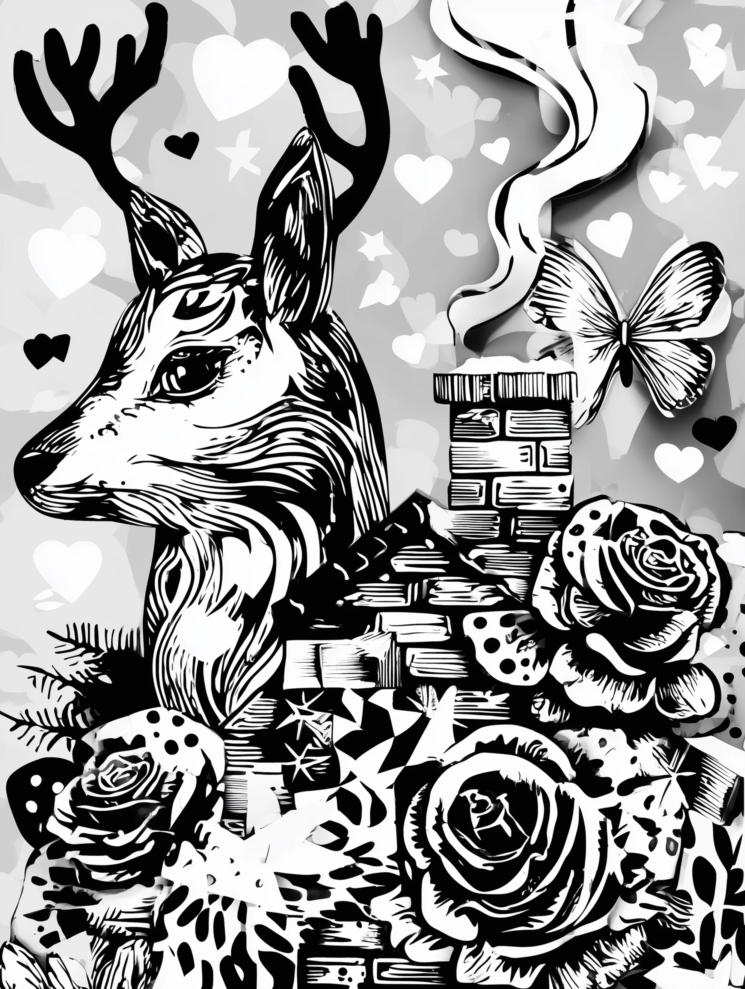 Free printable reindeer coloring page for adults featuring a reindeer near a chimney with roses